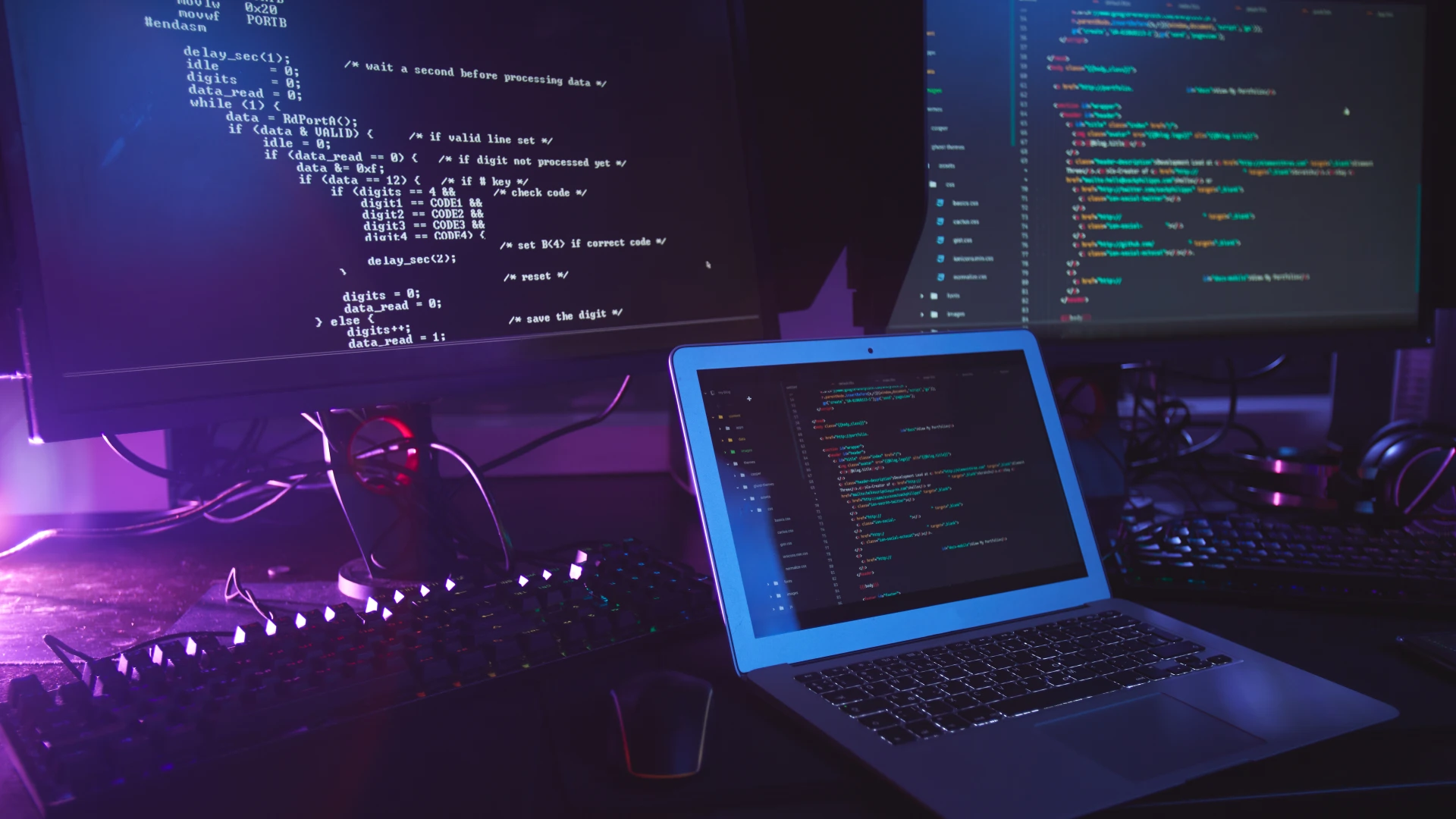 Coding setup with laptop and monitors